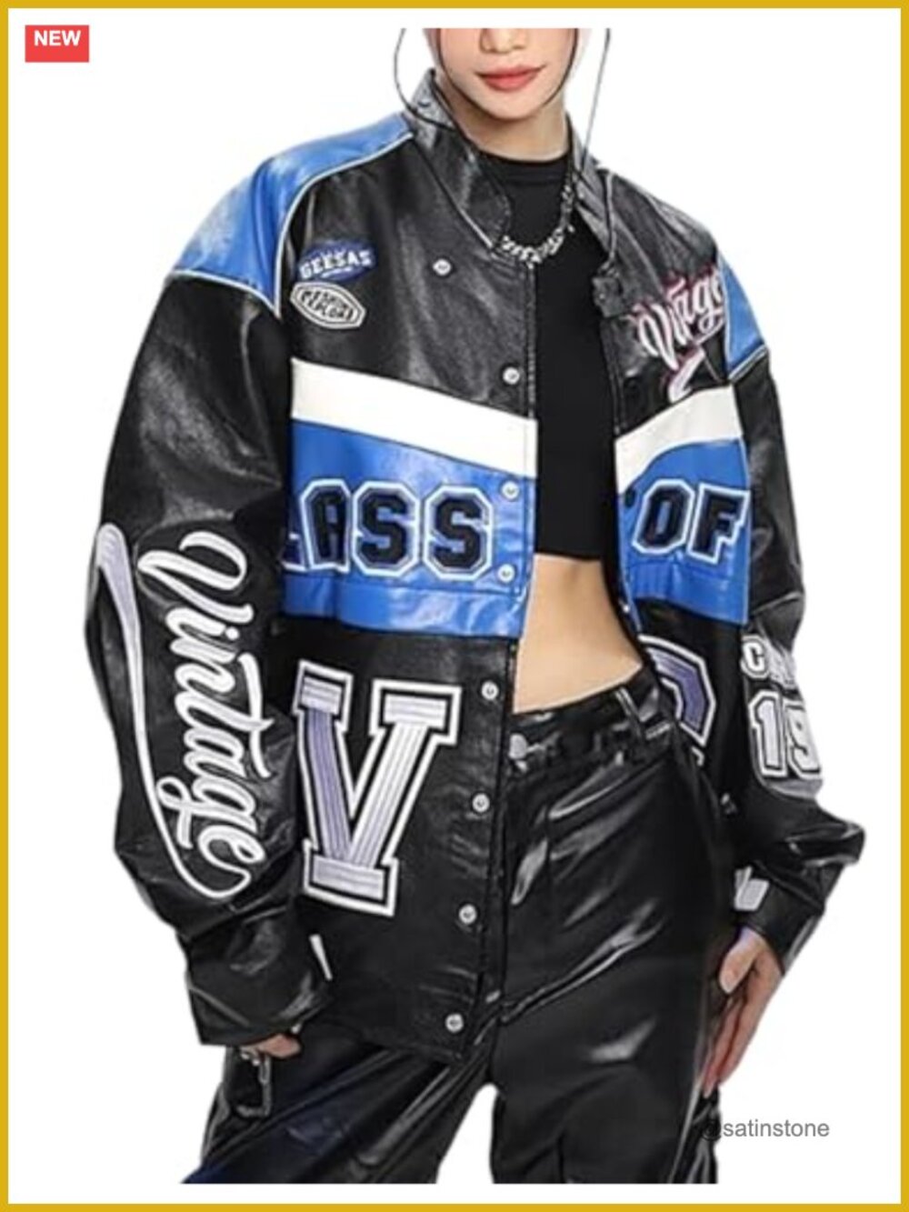 Oversized Vintage Letterman Racing Bomber Coat Faux Leather